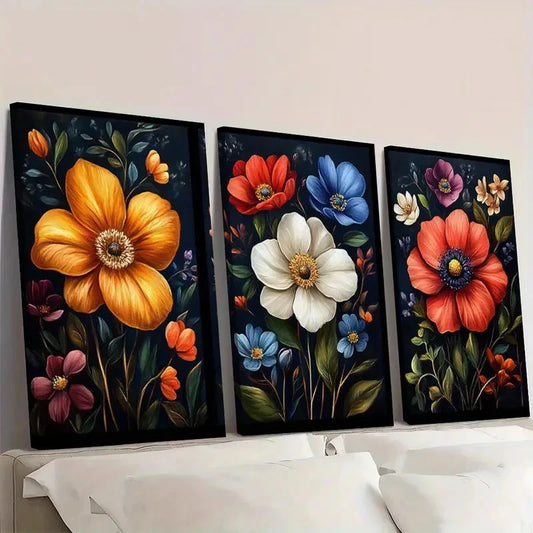 3pcs Art Set Dark Wildflower Floral IO Wall Art Set Canvas Framed 40x60cm - High Quality Print 100% Australian Made Wall Canvas Ready to Hang