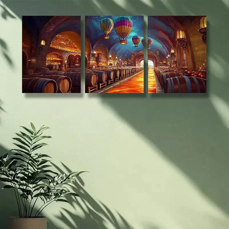 3pcs Vibrant Wine Cellar with Hot Air Balloon Metal Print Ready to Hang Art