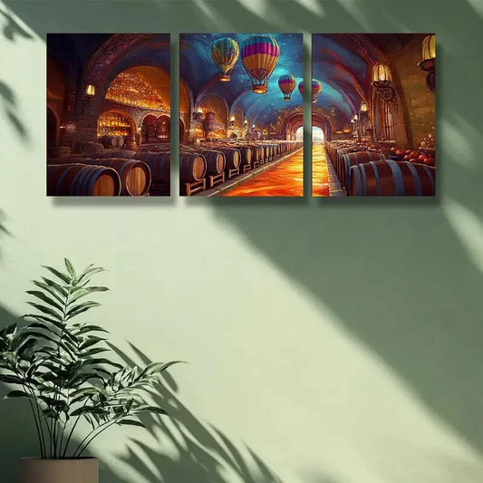 3pcs Vibrant Wine Cellar with Hot Air Balloon Metal Print Ready to Hang Art