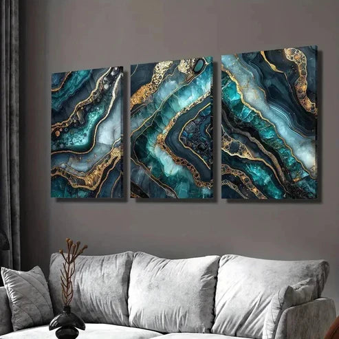 3pcs Green Gold Marble Texture Mural Wall Art Canvas Unframed - High Quality Print 100% Australian Made Wall Canvas