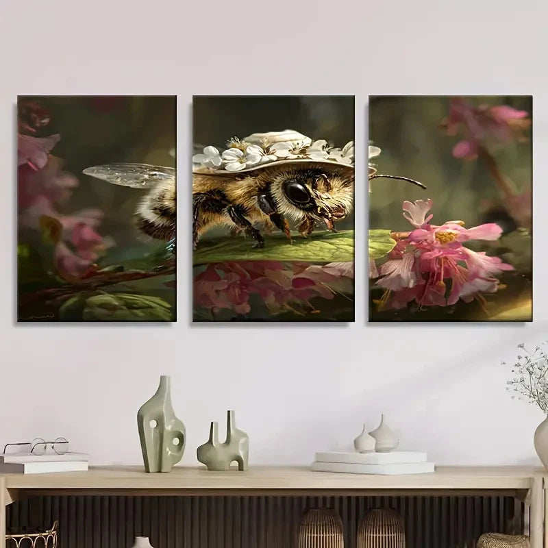 3pcs Cute Bee Haws Wall Art Set Canvas Framed 40x60cm - High Quality Print 100% Australian Made Wall Canvas Ready to Hang - Bella Home Decor