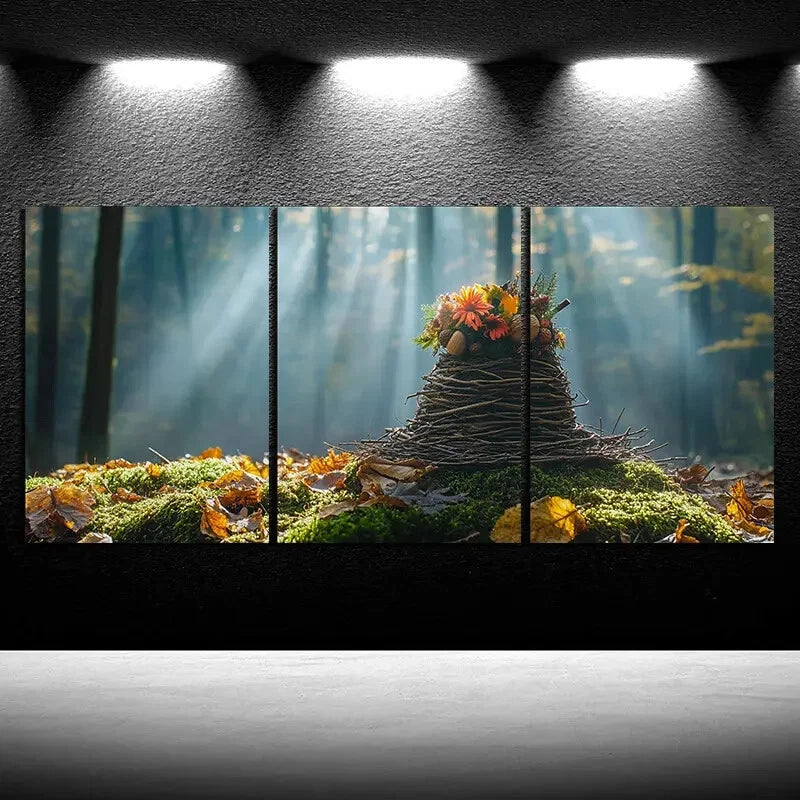 3pcs Autumn Forest Scene with Floral Hat Metal Print Ready to Hang Art - Bella Home Decor