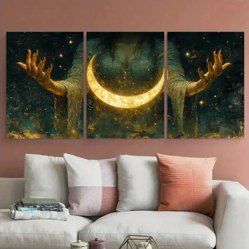 3pcs Mystic Female Hands with Crescent Moon Star Metal Print Ready to Hang Art - Bella Home Decor