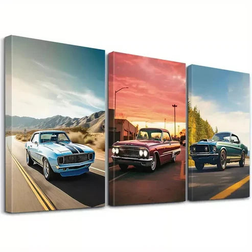 3pcs Retro Aesthetic Vintage Cars With Sunset Art Set Canvas Unframed - High Quality Print 100% Australian Made Wall Canvas