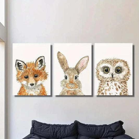 3pcs , Cute Fox Rabbit Owl, Woodland Metal Print Ready to Hang Art