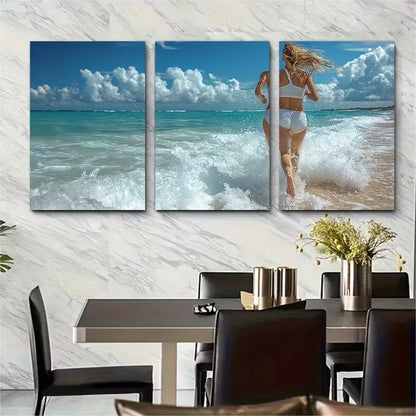3pcs Young Woman Running on Sandy Beach Metal Print Ready to Hang Art