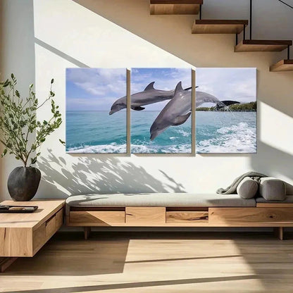 3pcs Dolphins Jumping Out Of The Sea Wall Art Set Canvas Framed 50x70cm - High Quality Print 100% Australian Made Wall Canvas Ready to Hang - Bella Home Decor