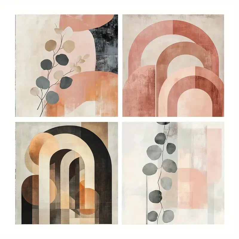 4pcs Soft Tones, Green Leaves, And Brown & Beige Wall Art Canvas Framed