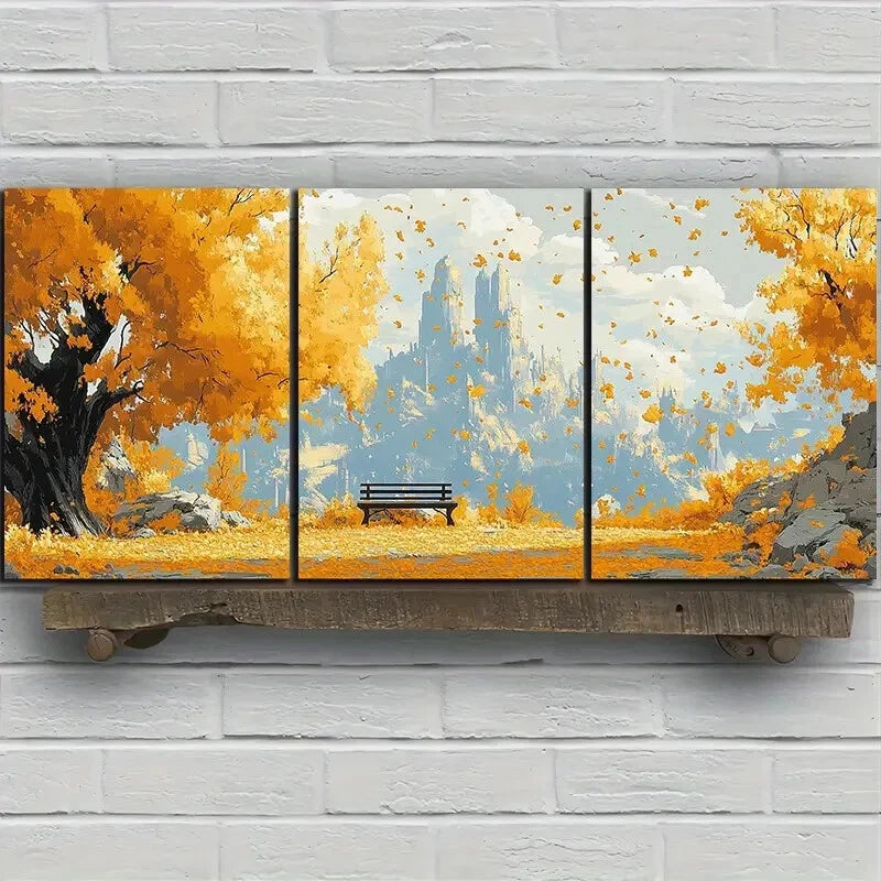 3pcs A Bench Under Autumn Leaves Metal Print Ready to Hang Art - Bella Home Decor