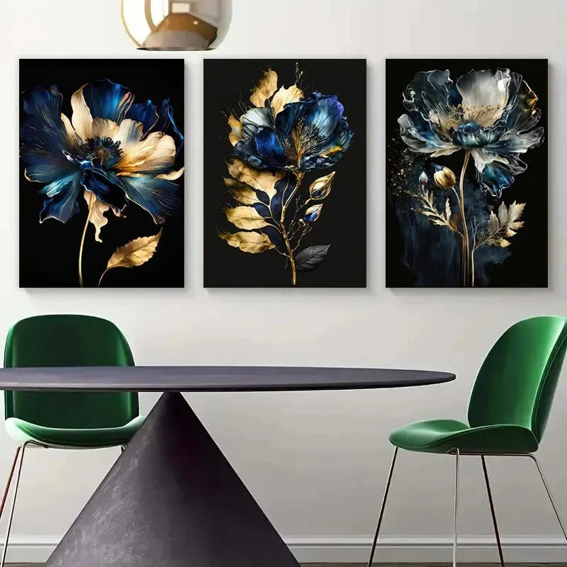 3pcs Abstract Golden & Blue Floral Metal Print Ready to Hang Art