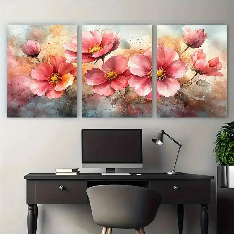 3pcs Elegant Pink Cosmos Watercolor Floral Design Metal Print Ready to Hang Art - Bella Home Decor