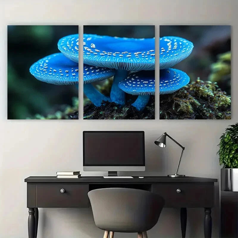 3pcs Vibrant Blue Mushroom Macro Photography Metal Print Ready to Hang Art - Bella Home Decor