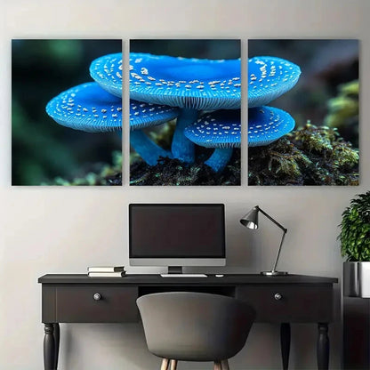 3pcs Vibrant Blue Mushroom Macro Photography Metal Print Ready to Hang Art - Bella Home Decor