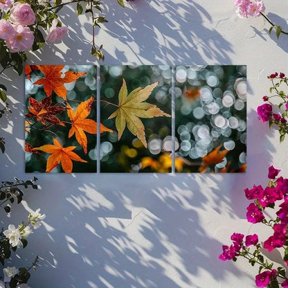 3pcs Colorful Autumn Leaves in Orange Shades Metal Print Ready to Hang Art