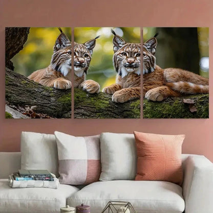 3pcs Eurasian Lynx Playful Scene on Mossy Tree Metal Print Ready to Hang Art