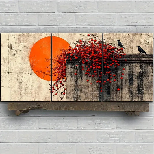 3pcs The Tree On The Eaves Orange Sun Metal Print Ready to Hang Art