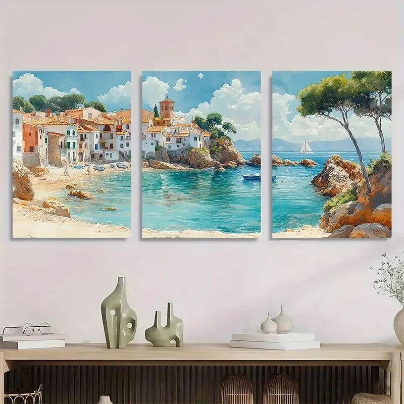3pcs Spanish Watercolor Cityscape Coastal Metal Print Ready to Hang Art - Bella Home Decor
