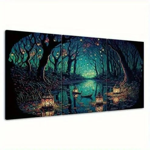 3pcs Green Forest Floating Lanterns GL Wall Art Canvas Unframed – High Quality Print 100% Australian Made Wall Canvas