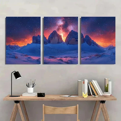 3pcs Starry Sky and Snow Capped Mountains Wall Art Canvas Unframed - High Quality Print 100% Australian Made Wall Canvas