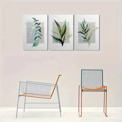 3pcs Abstract Green Leaves Painting Metal Print Ready to Hang Art - Bella Home Decor