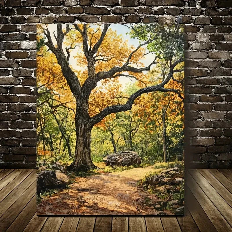 Flourishing Oak Forest with Vibrant Autumn Foliage 40x60cm Metal Print Ready to Hang - Bella Home Decor