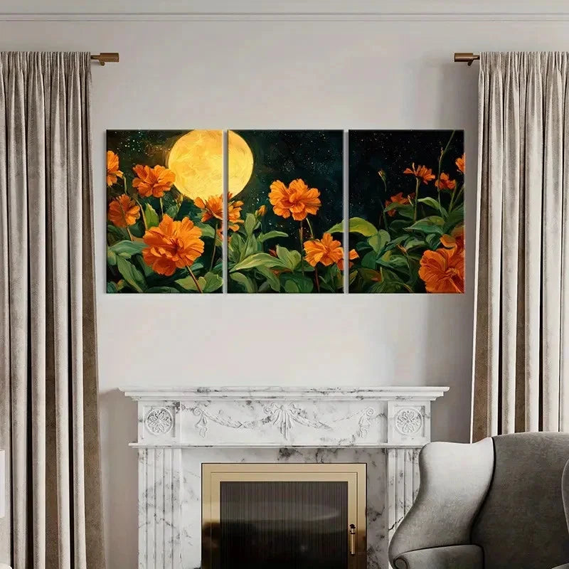 3pcs Orange Flowers & Starry Night Sky Metal Print Ready to Hang Art