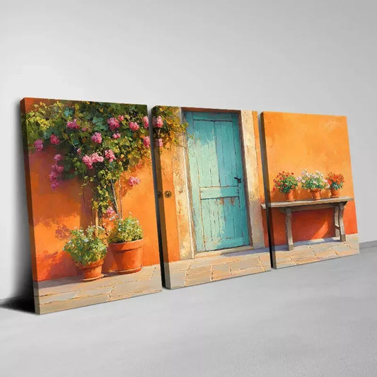 3pcs Beautiful Vintage Front Door Flowers Wall Art Set Canvas Framed 50x70cm - High Quality Print 100% Australian Made Wall Canvas Ready to Hang