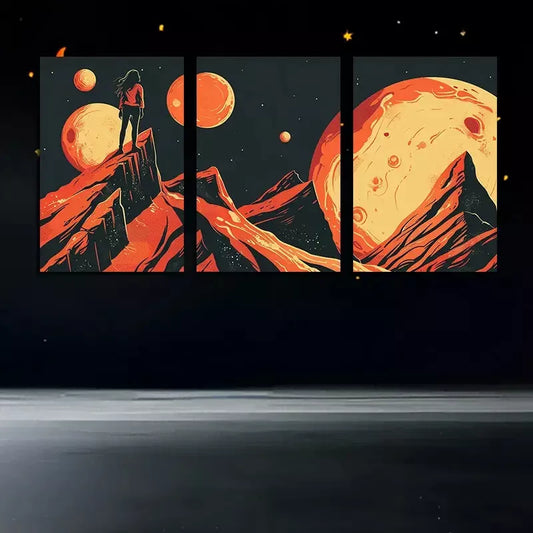 3pcs Woman Over Jagged Mountains Under Planets Wall Art Set Canvas Framed 50x70cm - High Quality Print 100% Australian Made Wall Canvas Ready to Hang