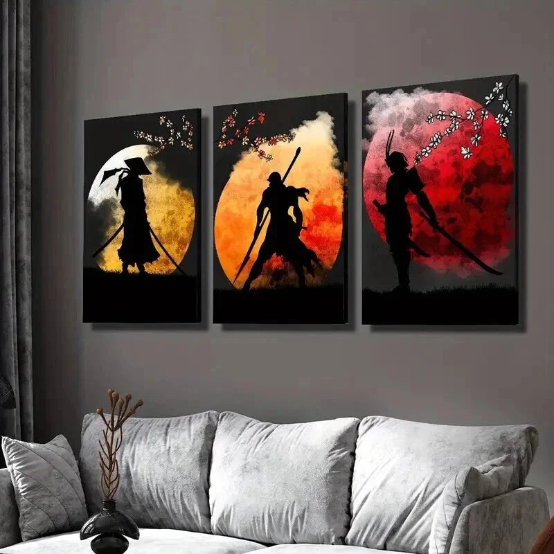 3pcs Epic Samurai & Floral Ink Illustrations Wall Art Set Canvas Framed 50x70cm - High Quality Print 100% Australian Made Wall Canvas Ready to Hang