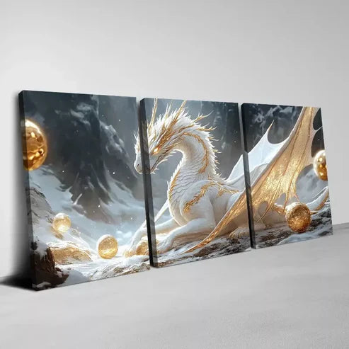 3pcs Beautiful White and Golden Fiery Dragon Wall Art Set Canvas Unframed - High Quality Print 100% Australian Made Wall Canvas