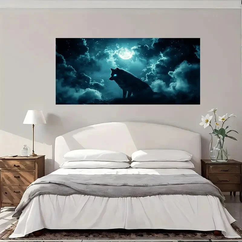 Wolf Howling Moon Night Sky Wall Art Canvas Office Home Room Framed 120x60cm