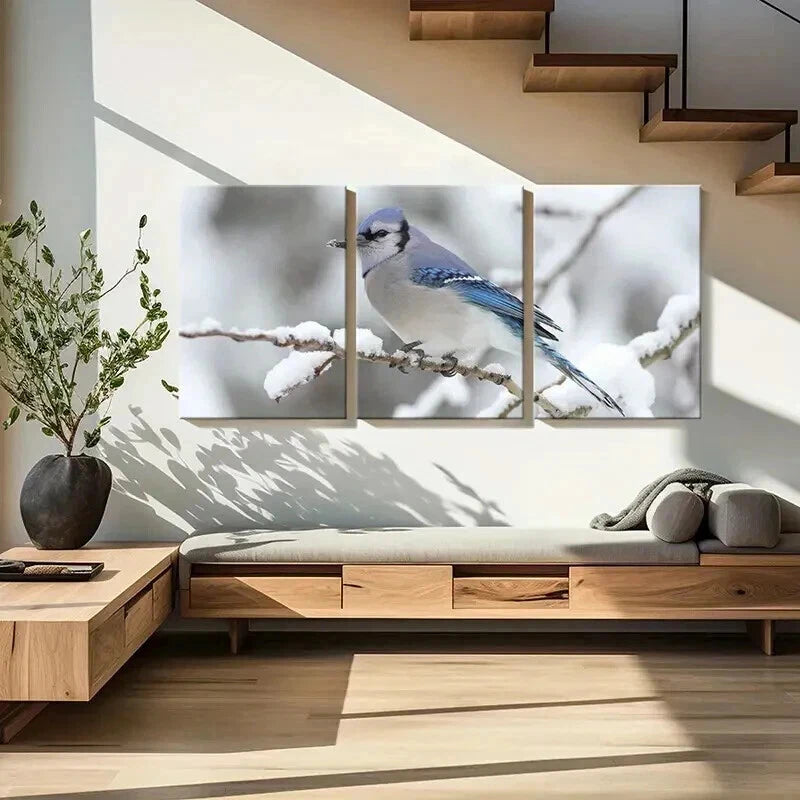 3pcs Blue Bird On A Branch Snowy Scene Wall Art Set Canvas Framed 60x90cm - High Quality Print 100% Australian Made Wall Canvas Ready to Hang - Bella Home Decor