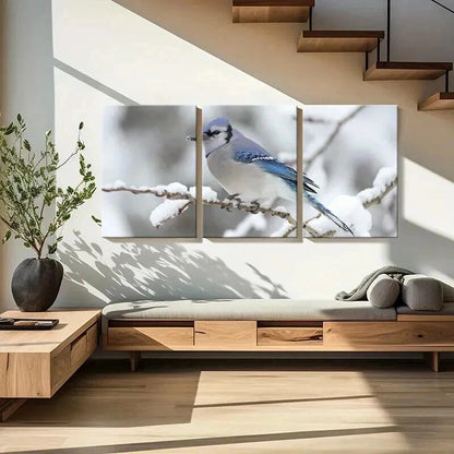 3pcs Blue Bird On A Branch Snowy Scene Wall Art Set Canvas Framed 60x90cm - High Quality Print 100% Australian Made Wall Canvas Ready to Hang - Bella Home Decor
