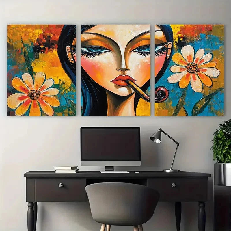 3pcs Abstract Woman Smoking Portrait with Floral Wall Art Set Canvas Framed 50x70cm - High Quality Print 100% Australian Made Wall Canvas Ready to Hang - Bella Home Decor