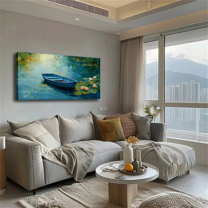 Serene Blue Boat Amongst Lilies Wall Art Canvas Office Home Room Framed 120x60cm - Bella Home Decor