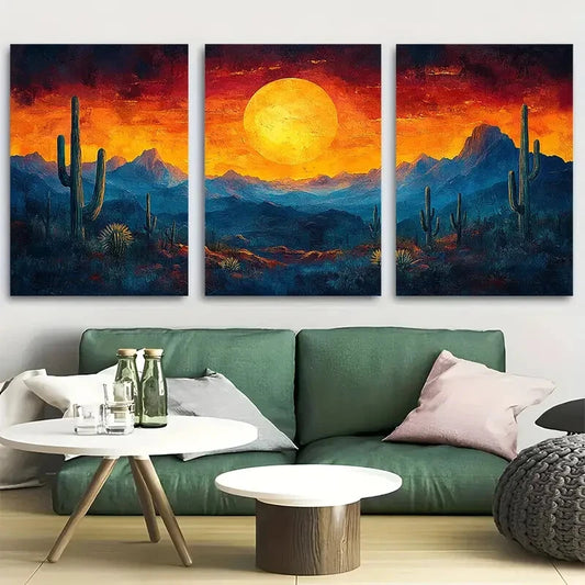 3pcs Vibrant Sonoran Desert Orange Yellow Sunset Metal Print Ready to Hang Art