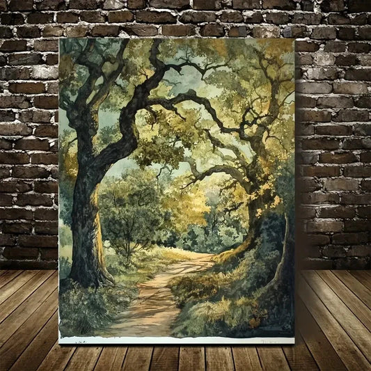 Vibrant Oak Forest Scene with Sunlit Painting  40x60cm Metal Print Ready to Hang - Bella Home Decor