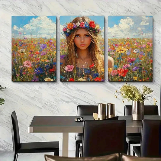 3pcs Girl In A Field Of Flowers Perfect Wall Art Set Canvas Framed 40x60cm - High Quality Print 100% Australian Made Wall Canvas Ready to Hang
