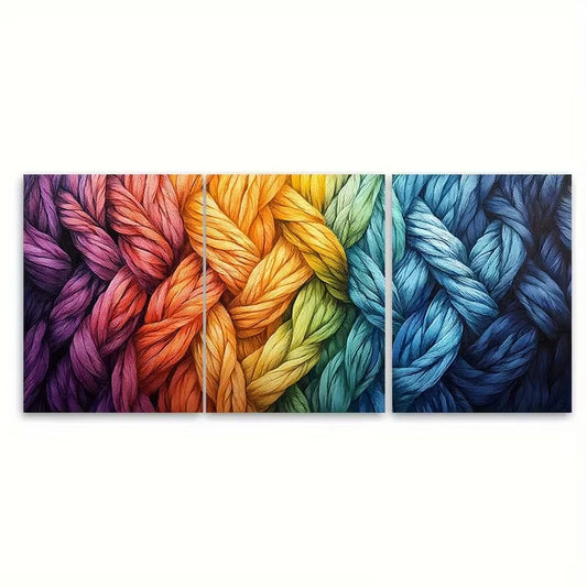 3pcs Rainbow Braided Yarn Metal Print Ready to Hang Art