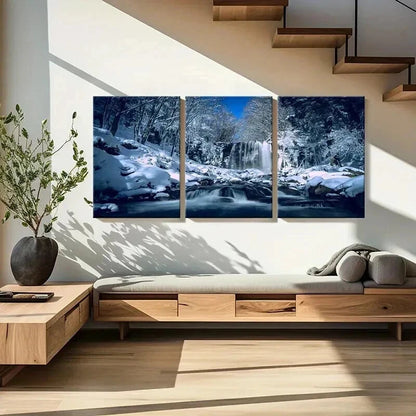 3pcs Winter Snow Scene Waterfall Modern Wall Art Set Canvas Framed 50x70cm - High Quality Print 100% Australian Made Wall Canvas Ready to Hang - Bella Home Decor