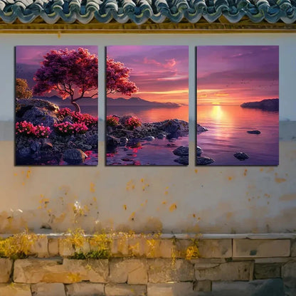 3pcs The Cherry Blossom Trees By The Lake Scene Metal Print Ready to Hang Art - Bella Home Decor
