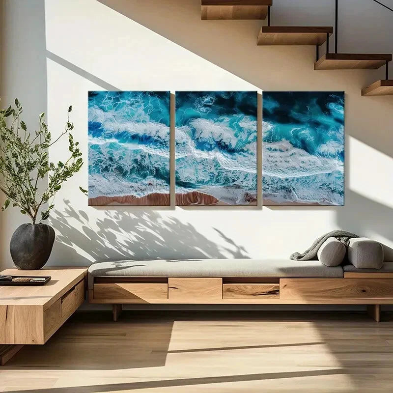 3pcs Turquoise Blue White Foam Abstract DesignMetal Print Ready to Hang Art - Bella Home Decor