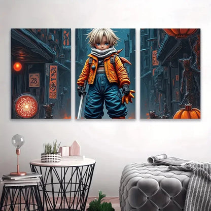 3pcs Boy in the Orange Coat Wall Art Set Canvas Framed 60x90cm - High Quality Print 100% Australian Made Wall Canvas Ready to Hang - Bella Home Decor