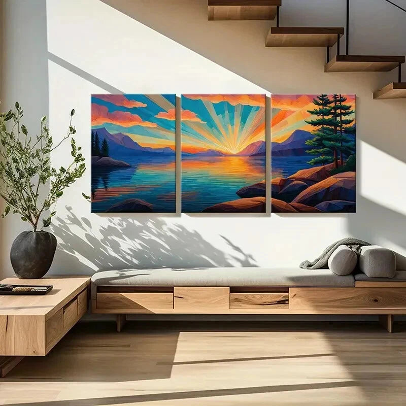 3pcs Sunset Over Lake Mountain Landscape Metal Print Ready to Hang Art - Bella Home Decor