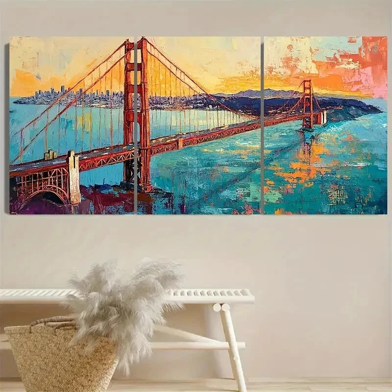 3pcs Golden Gate Bridge Van Gogh Inspired Design Metal Print Ready to Hang Art - Bella Home Decor