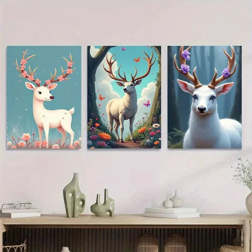 3pcs Deer Forest Triptych Blossoms & Butterflies Wall Art Set Canvas Unframed - High Quality Print 100% Australian Made Wall Canvas - Bella Home Decor