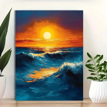 Beautiful Teal & Yellow Sunset Abstract Ocean Painting 60x90cm Metal Print Ready to Hang