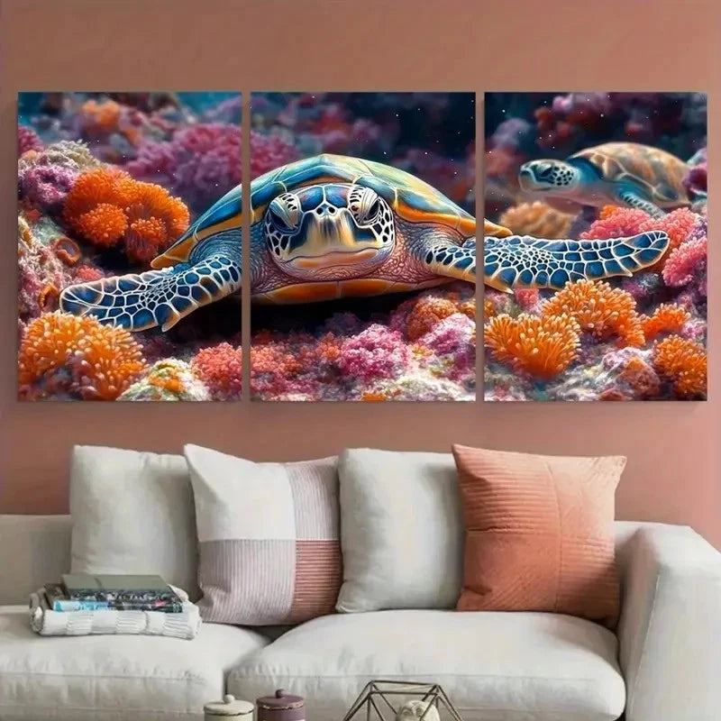 3pcs Coral Reef Sea Life Tropical Fish Sea Turtle Metal Print Ready to Hang Art - Bella Home Decor