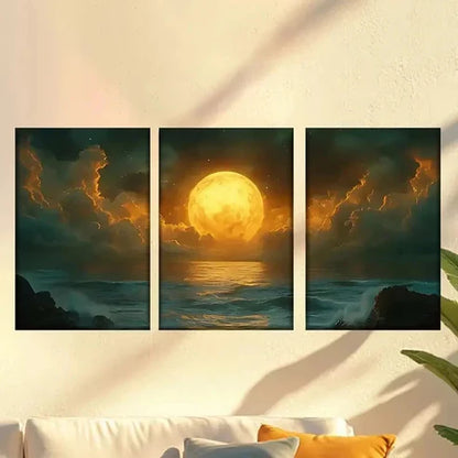 3pcs Full Moon over the Ocean with Clouds Wall Art Canvas Unframed - High Quality Print 100% Australian Made Wall Canvas - Bella Home Decor