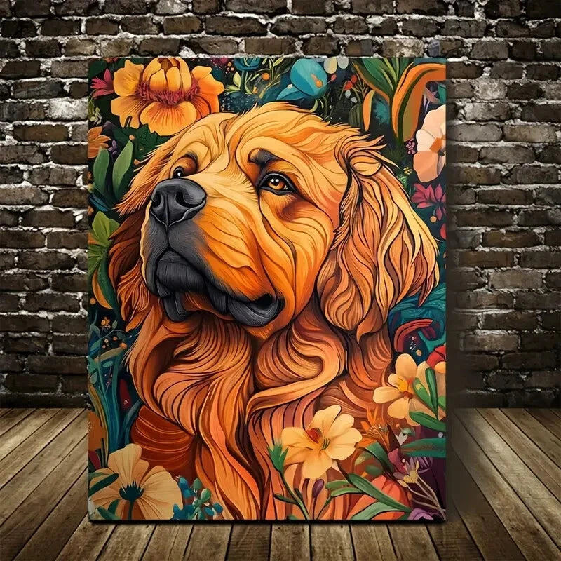 Vibrant Golden Retriever with Colorful Floral Painting 40x60cm Metal Print Ready to Hang - Bella Home Decor